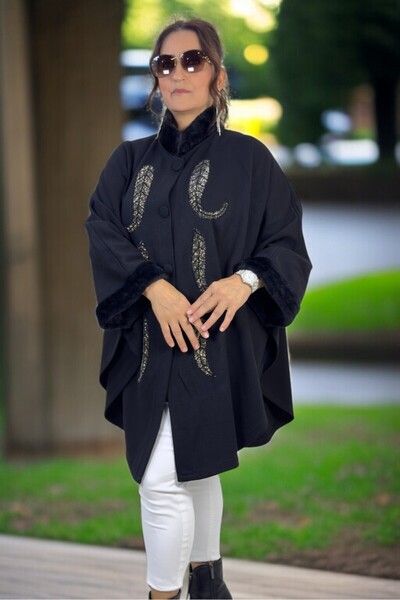 yagmurberen Buttoned Sleeves and Collar with Fur Detail, Sequin Embroidered, Extra Large Size, Steel Knitted Poncho Jacket