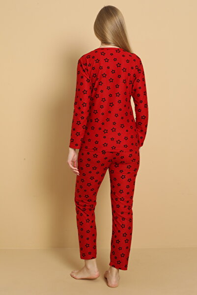 STELLAPİNK Süet Kırmızı Yıldız Desenli Uzun Kollu Pijama Takımı