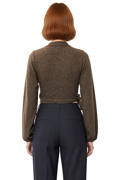 PayBuy Women's Beige Soft Woven V-Neck Spanish Sleeve Crop Blouse with Tie Detail for Daily Use Quality