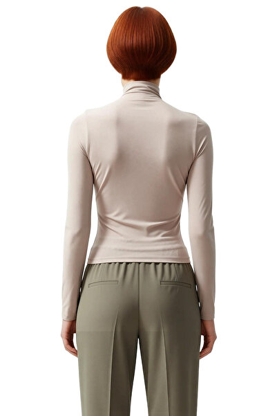 PayBuy Women's Brown Gathered Mock Neck Crop Cut Long Sleeve Smart Basic Knitted Blouse for Winter Use