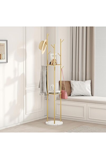 Chulovs Modern freestanding metal coat rack with natural marble base, 1.7 m tall, 5-hook hall stand