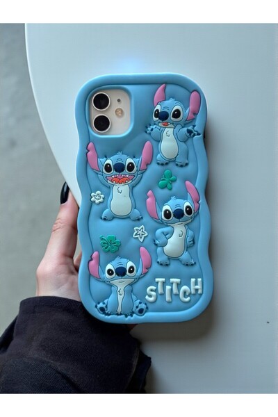 KVK PRİVACY iPhone 11 Uyumlu Stitch Desenli Kabartmalı Sevimli Silikon Kılıf