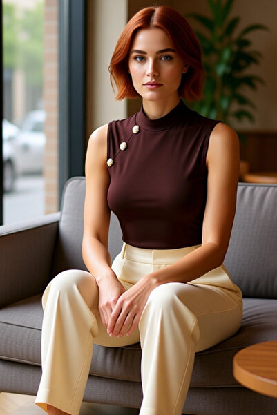 PayBuy Дамска блуза с висока яка, копчета, без ръкави, трикотажна, висококачествена, стилна, удобна, модерна, елегантна, за всеки ден