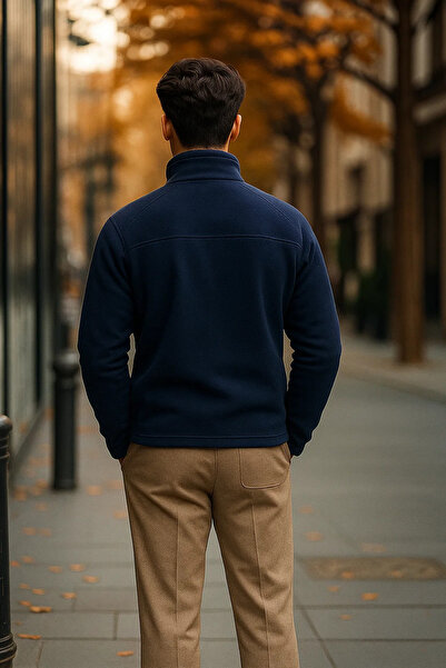 COMBİNE MİCHAİL فليس رجالي فاخر باللون الأزرق الداكن مع تفاصيل جيوب