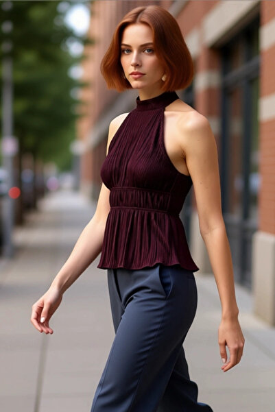 PayBuy Women's Halter Neck Wrinkled Textured Fully Lined Quality Stylish Comfortable Modern Elegant Casual