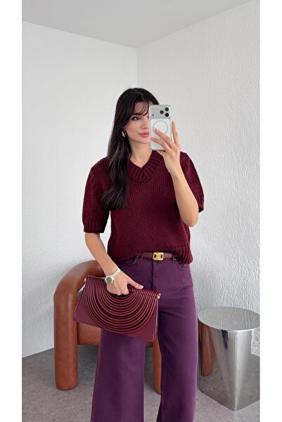 HAZELANNA Tricotaj roșu Claret cu decolteu în V