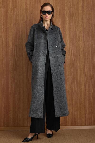 Olcay Hakim Ribbed Collar Detailed Long Mohair Coat Anthracite 3160