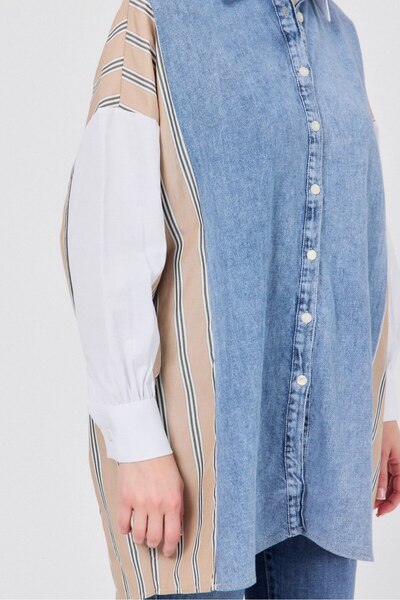 SEE MORE Stripe Poplin Detail Cotton-Jeans Shirt