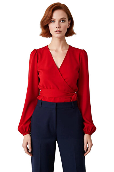 PayBuy Women's Ecru Double-Breasted Tie Detail V-Neck Balloon Sleeve Woven Blouse for Winter Business Use