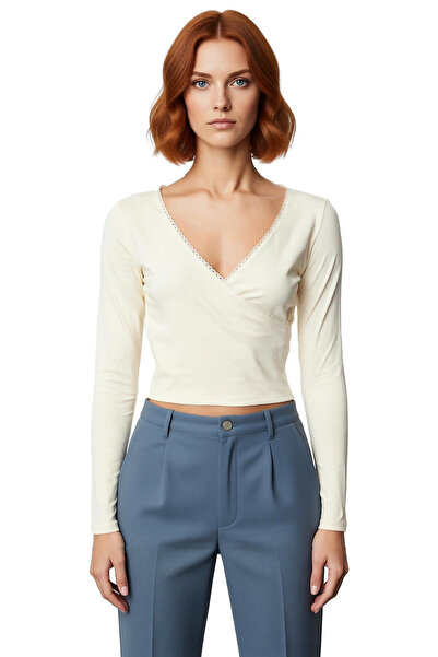 PayBuy Жіноча блузка з V-подібним вирізом, приталена, з довгими рукавами, з мереживними деталями, зимовий варіант, бавовняна еластанова тканина, висока якість