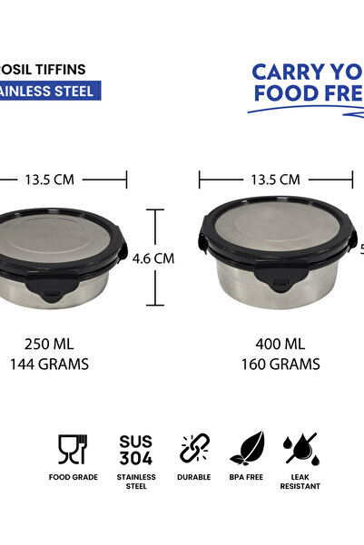 Borosil 5-Piece Stainless Steel Round Lunch Box with Carry Bag Set