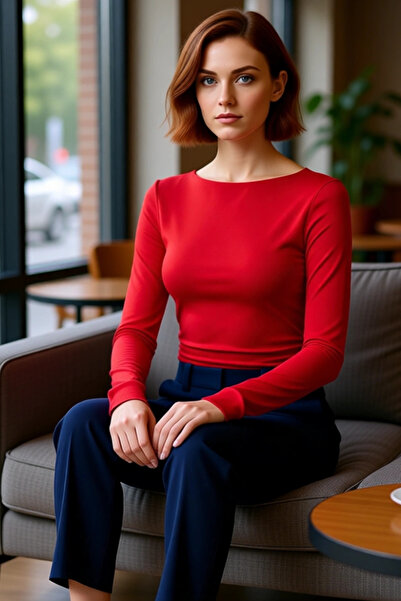 PayBuy Women's Fitted Viscose Ribbed Boat Neck Low Sleeve Ruched Detail Long Sleeve Knitted Blouse for Daily Wear