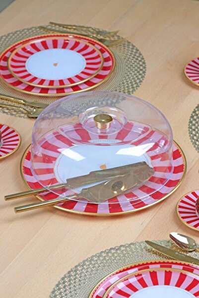 akdenizhome Glore Pink Line Kapaklı Kek Fanus - Pasta Sunum Standı