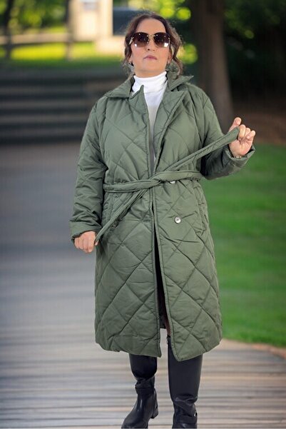 yagmurberen Belted Lining Double-Breasted Closing Large Size Quilted Long Coat