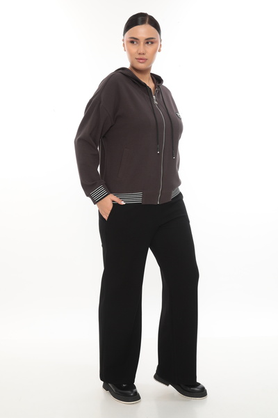 EXİTLİNE Women's Winter Zippered Hooded Custom Logo Coffee Sweat Shirt Tracksuit Set