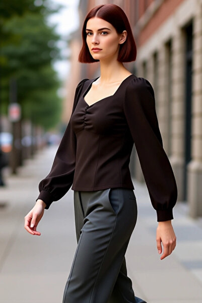 PayBuy Women's Heart Neckline Gathered Woven Blouse Long Sleeves and Zipper Design Quality Stylish Comfortable