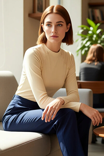 PayBuy Women's Mock Neck Button Detailed Fitted Long Sleeve Knitted Quality Stylish Comfortable Modern Elegant