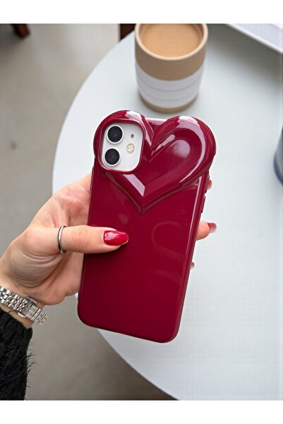 KVK PRİVACY iPhone 12 / 12pro Uyumlu 3D Kalp Tasarımlı Bordo Parlak Silikon Y...