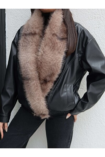 ESRAHELVACI Δερμάτινο μπουφάν με γούνινο γιακά και ελαστική μέση