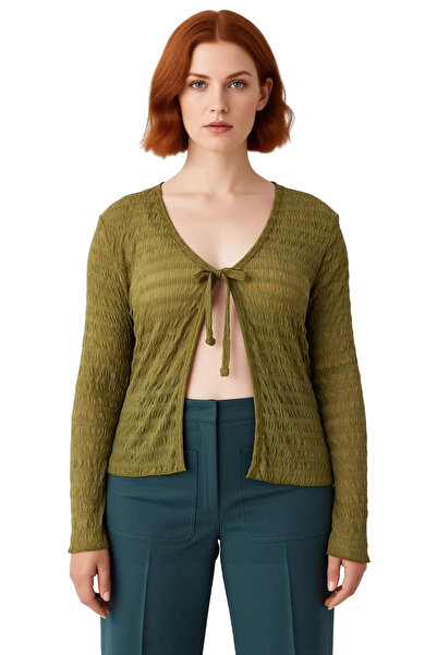 PayBuy Women's Textured V-Neck Lace-Up Long Sleeve Stretchy Knitted Quality Stylish Comfortable Modern Elegant Casual