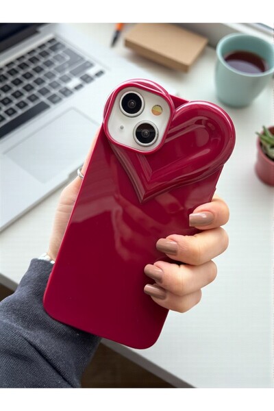 KVK PRİVACY iPhone 13/14/15 Uyumlu 3D Kalp Tasarımlı Bordo Parlak Silikon Yumuşak Kılıf