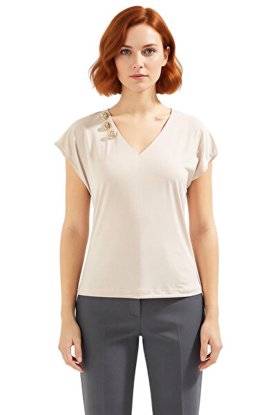 PayBuy Bluză obișnuită cu decolteu în V, cu mâneci în formă de mână, din material subțire cu nasturi, vară, calitate premium, material eminent