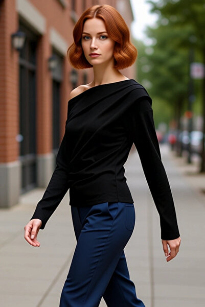 PayBuy بلوزة محبوكة بياقة غير متماثلة، خيار أنيق ومريح، جودة عالية، عصرية، مريحة، أنيقة، يومية