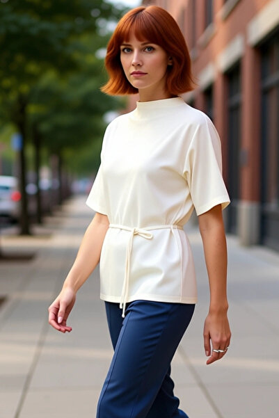 PayBuy Women's Regular Fit Mock Neck Knitted Blouse with Tie Detail Quality Stylish Comfortable Modern Elegant Daily