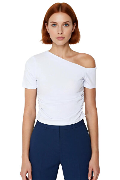 PayBuy Crop Short Sleeve Knitted Blouse Asymmetrical Neckline Casual Style Long-Lasting Comfortable Cut Perfect Fit