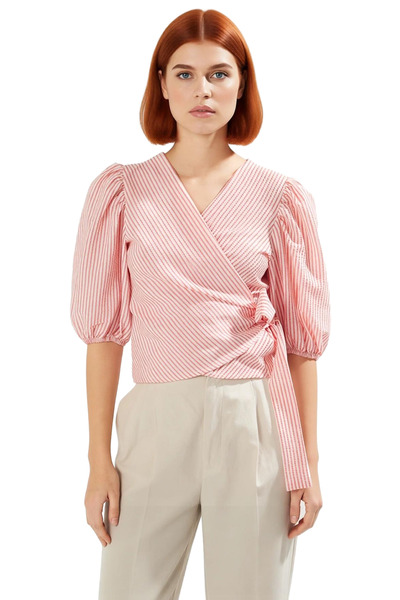 PayBuy Stylish Striped Seersucker Blouse V-Neck Balloon Sleeve Summer Comfortable and Special Design Quality Craftsmanship