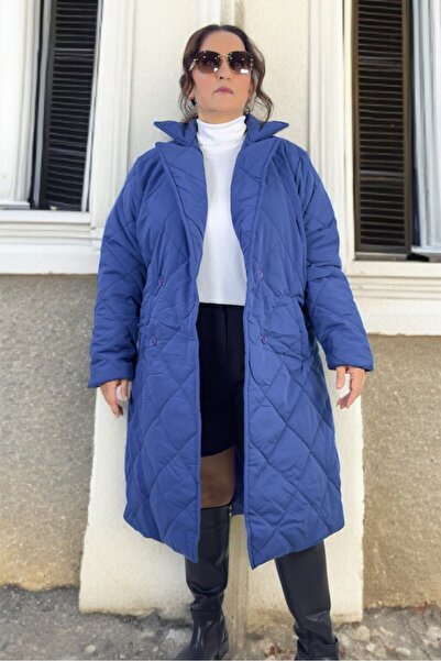 yagmurberen Belted Lining Double-Breasted Closing Large Size Quilted Long Coat
