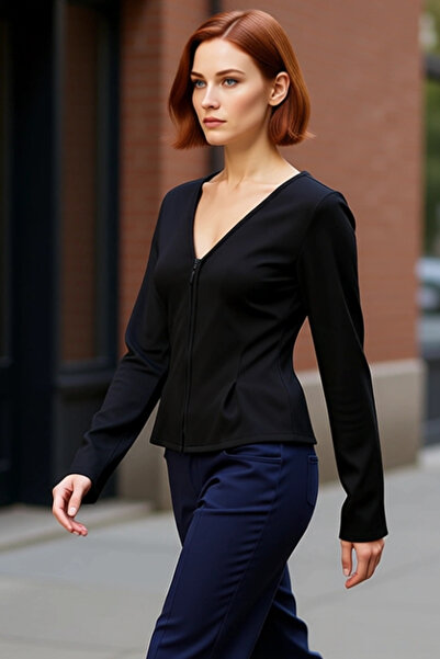 PayBuy Women's Zippered V-Neck Long Sleeve Knitted Quality Stylish Comfortable Modern Elegant Casual