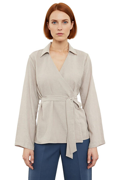 PayBuy Women's Relaxed Fit V-Neck Double-Breasted Tie-Up Woven Blouse with Bark Texture Ideal for Summer Months