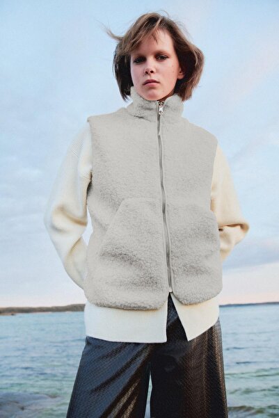 Madmext Gray Mock Neck Women's Plush Vest Mg2578