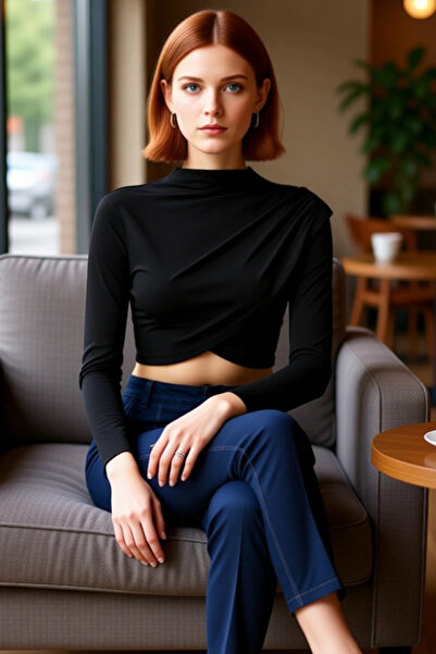 PayBuy Γυναικεία μπλούζα μπορντό ψηλός λαιμός ντραπέ με ασύμμετρη σιλουέτα με μακρυμάνικο κλείσιμο και πλεκτή μπλούζα με μακρύ μανίκι