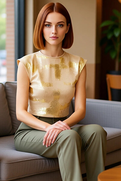 PayBuy Bluză crop din bumbac pentru femei, cu imprimeu cu folie de aur, ocazional, design de vară, aspect profesional