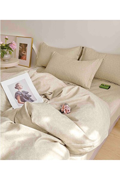 JOJO HOME Bed linen set, fine cotton, 6 pieces, 230x240cm, Cream with pattern