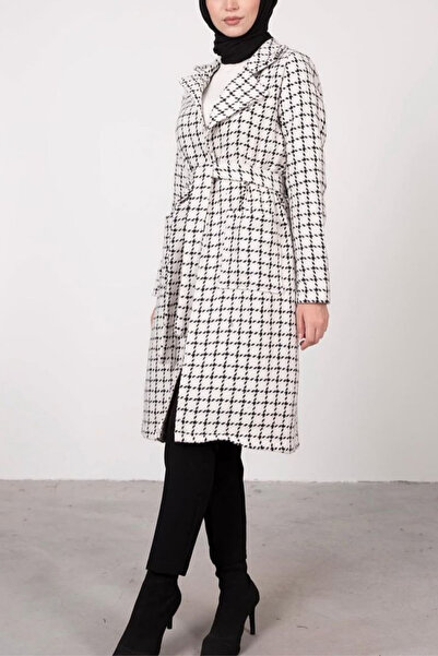 Tesettür Diyarı Crow pattern lined belted coat - white