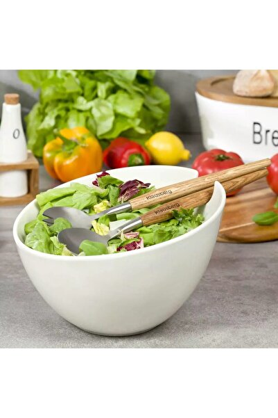 Klausberg Bol de salata din ceramica, 23.5 cm, alb, cu un set de linguri cu m...