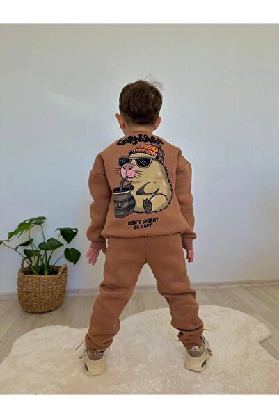 cgboutiquestylekids Cg Kids Capybara Erkek Çocuk 3 iplik Şardon Kumaş Alt Üst Takım Süper Kalite Sırt Baskı Detaylı