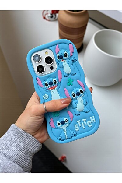 KVK PRİVACY iPhone 16 Pro Max Uyumlu Stitch Desenli Kabartmalı Sevimli Silikon Kılıf