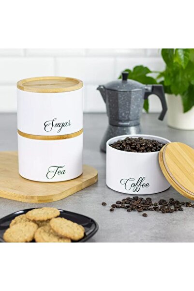 Kinghoff Coffee, tea, sugar containers, stainless steel-bamboo, white, Klausberg