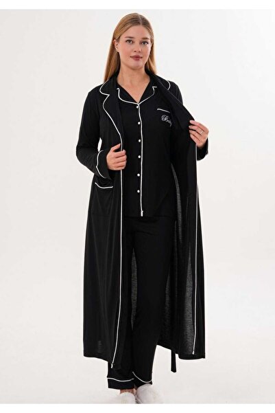 Lohussa Women's Black Piped Special Design Front Buttoned Maternity Pajama Set