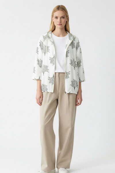 Kübra Tekstil Women's Cream Green Patterned Zippered Oversized Pocket Hooded Cotton Cardigan-Jacket - Women's Jacket