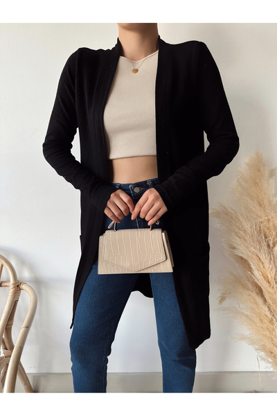 LACHT Women's Black Long Pocket Cardigan