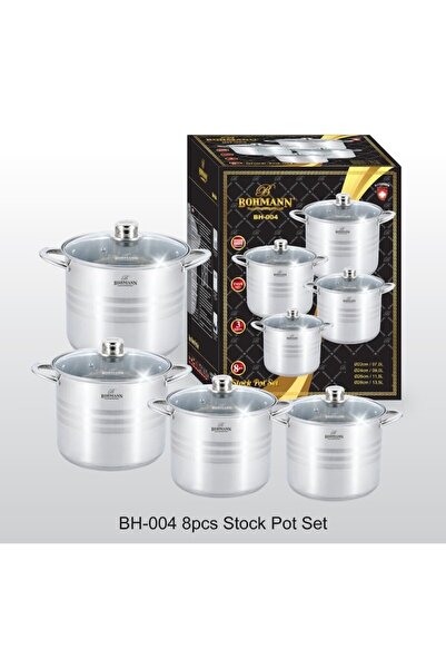 Bohmann stainless steel 8-piece pot set (7L, 9L, 11.5L, 13.5L) with glass lids, induction-compatible