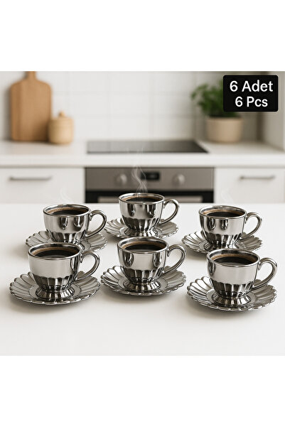 Aslı Hediyelik 6 Adet Gümüş Cam TURIN Model Kahve Fincan Takımı,Türk Kahvesi Fincan Takımı,Çay ve Kahve sunumu