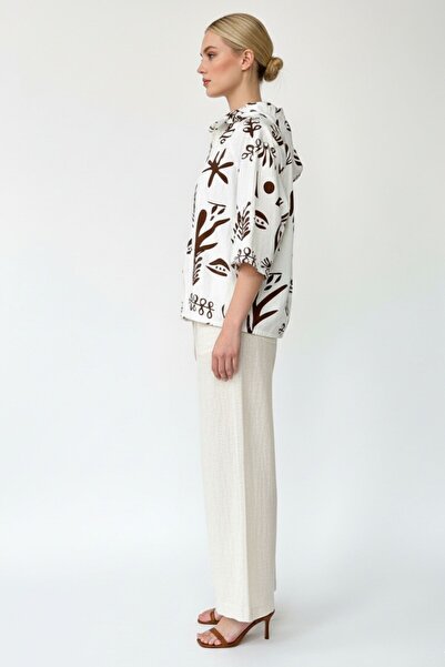 Kübra Tekstil Women's Cream Brown Patterned Zippered Oversized Pocket Hooded Cotton Cardigan-Jacket - Women's Jacket