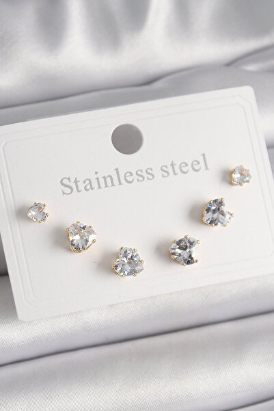 Mustran 316L Steel Gold Color Zircon Stone Heart Model Women's Earring Set