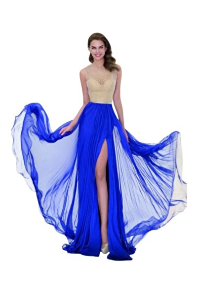 TARIK EDİZ Rochie de seara albastra lunga in clos din voal